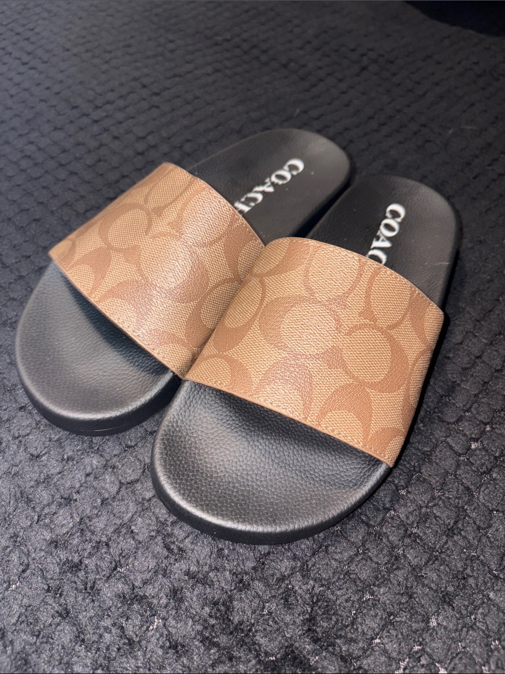 COACH Signature Brown and Black Slide Sandals